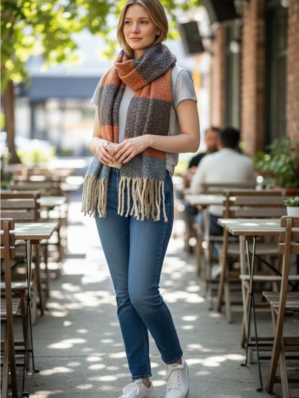 Polyester Warm Oversized Scarf. Colorblock. Brown Red Blue.  Fringe.  Fuzzy